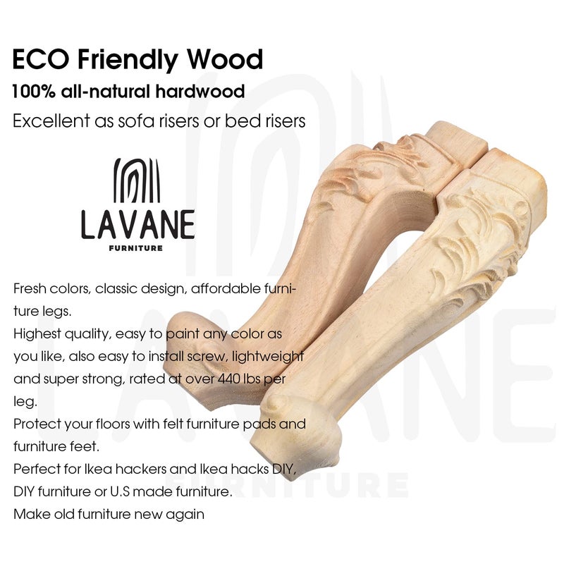 La Vane 16 inch / 40cm Wooden Furniture Legs, Set of 4 European Style Solid Wood Carving Furniture Replacement Feet Decoration for Sofa Cabinet Wardrobe Table Loveseat - Image 3